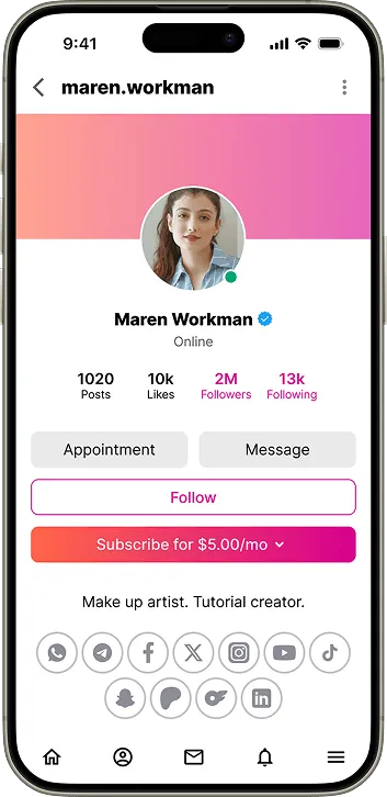 A smartphone screen displaying a social media profile for a female creator, showing her name, number of posts, likes, followers, and following count. There are options for appointment scheduling and messaging, as well as a subscription button.